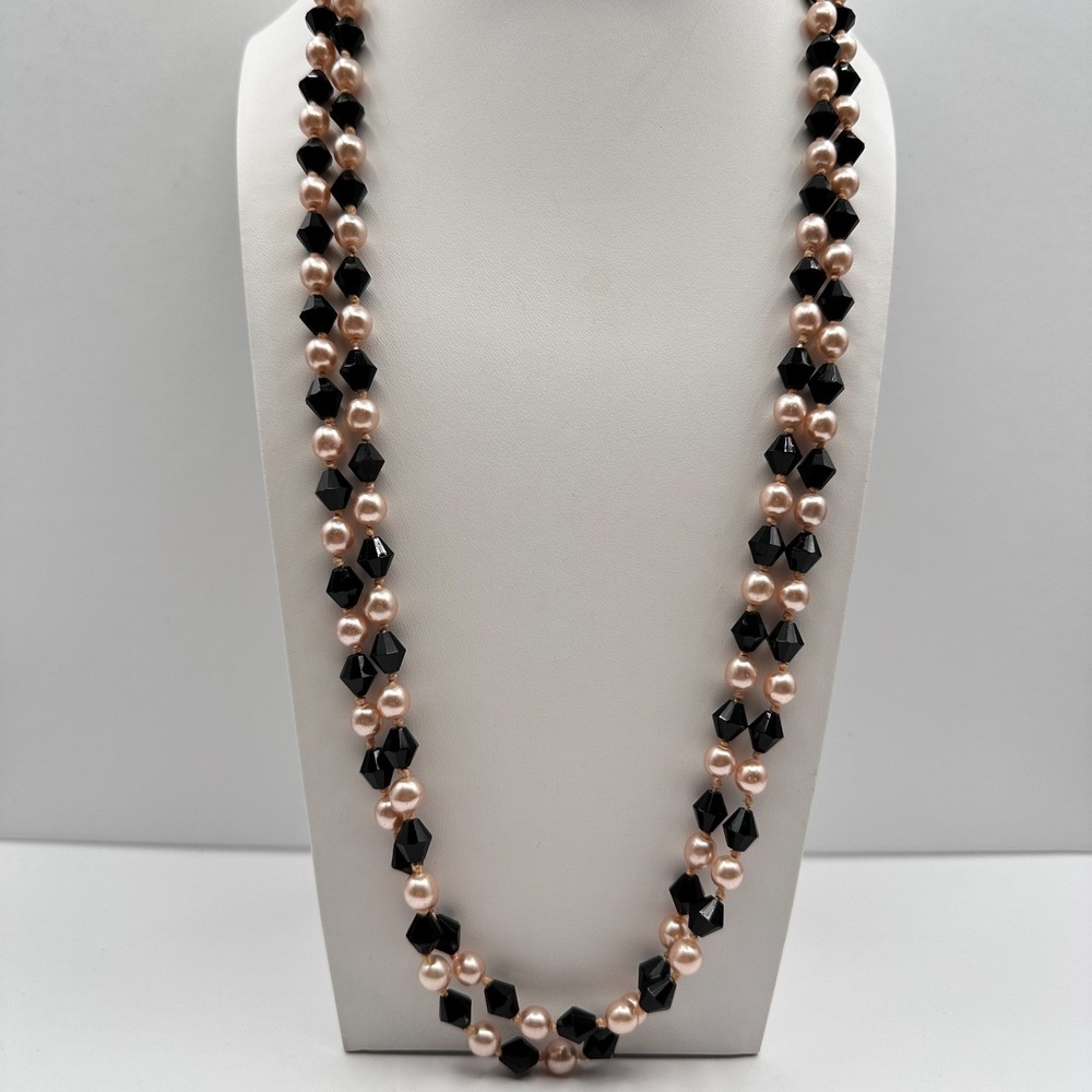 Vintage 90s Pink Faux Pearl & Black Bead Double Strand Necklace